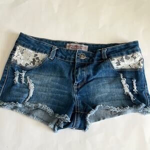 Iris Jeans Size Lg super short cutoffs distressed with lace pockets